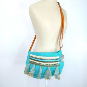 Dayaday Teal Jute Zippered Imported Shoulder Purse